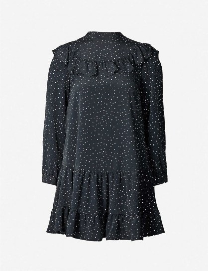 TOPSHOP Polka dot-print high-neck crepe mini dress in black / frill trim dresses - flipped