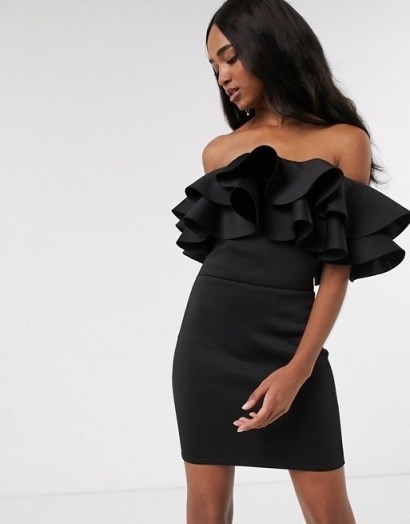 True Violet exaggerated frill bardot mini dress in black | LBD | off the shoulder celebration dresses - flipped