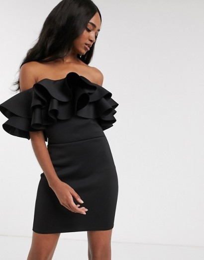 True Violet exaggerated frill bardot mini dress in black | LBD | off the shoulder celebration dresses