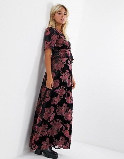 Twisted Wunder ruffle maxi tea dress in black floral burnout velvet / long devore dresses - flipped