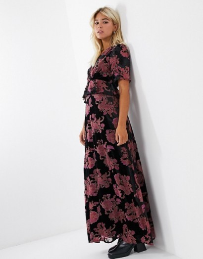 Twisted Wunder ruffle maxi tea dress in black floral burnout velvet / long devore dresses