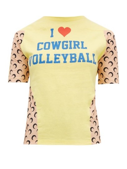 MARINE SERRE Upcycled Cowgirl Volleyball-print jersey T-shirt in yellow / slogan tee
