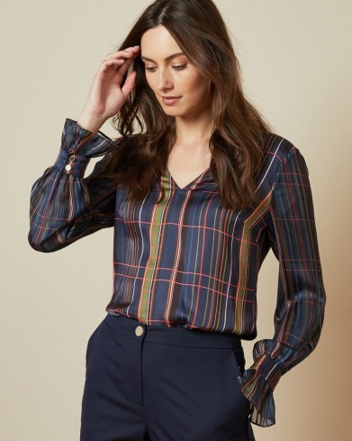 TED BAKER TOFFIE V neck checked top in navy