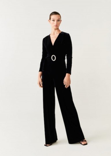 Mango Velvet long jumpsuit in black ~ diamante belt jumpsuits - flipped