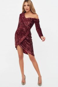 LAVISH ALICE velvet sequin asymmetric mini dress in burgundy / red one shoulder party dresses / evening glamour