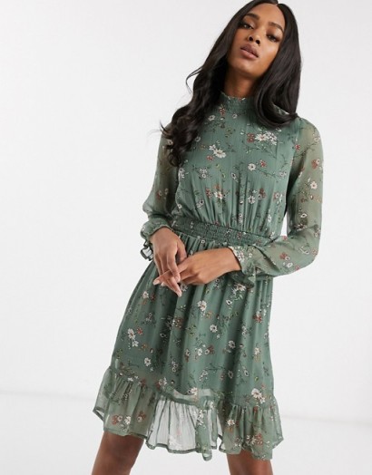 Vero Moda shift dress with high neck and ruffle hem in green floral