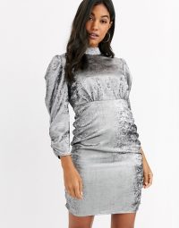 Vila mini dress with ruched sleeves in silver | high neck gathered-detail dresses