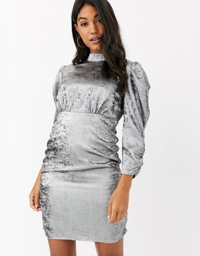 Vila mini dress with ruched sleeves in silver | high neck gathered-detail dresses - flipped