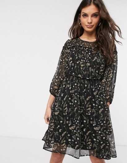 Vila prairie floral mini dress with piping detail in black multi / sheer overlay dresses - flipped
