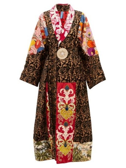 RIANNA + NINA Vintage patchwork embroidered-velvet robe coat in black – mixed florals – luxury robes - flipped