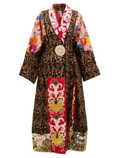 RIANNA + NINA Vintage patchwork embroidered-velvet robe coat in black – mixed florals – luxury robes