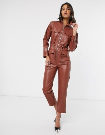 Warehouse faux leather utility boilersuit in brown - flipped