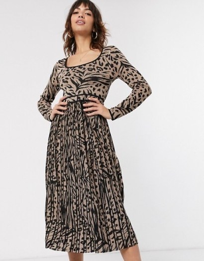 Warehouse leopard print pleated midi dress with metallic threads in gold - flipped