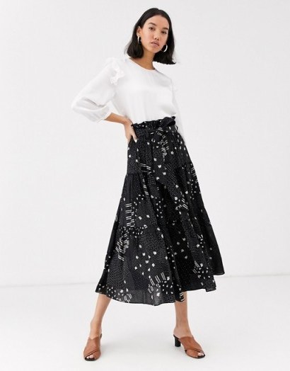 Whistles limited hilde patchwork print tiered midi skirt in black / multi - flipped