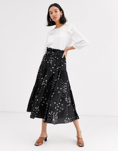 Whistles limited hilde patchwork print tiered midi skirt in black / multi