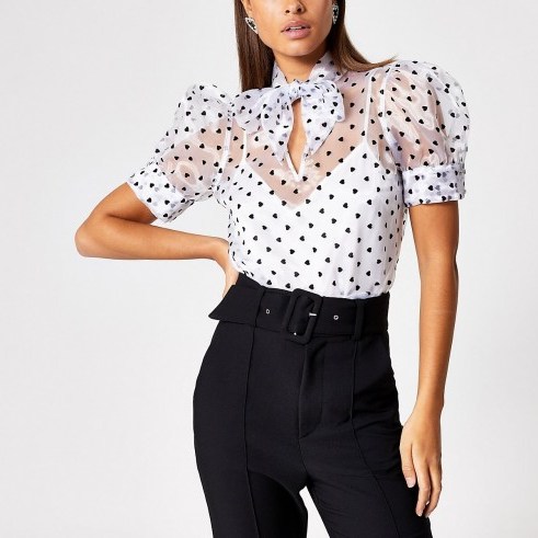 RIVER ISLAND White heart printed organza tie neck top – semi sheer evening blouse - flipped