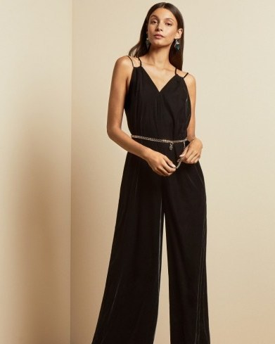 Ted Baker NELLIEH Wide leg velvet jumpsuit in black ~ double strap jumpsuits ~ glam partywear - flipped