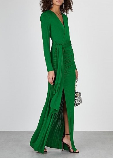 ALICE + OLIVIA Kyra green ruched jersey gown – chic evening gowns - flipped