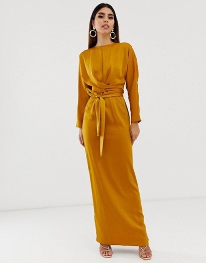 ASOS DESIGN maxi dress with batwing sleeve and wrap waist in satin in mustard – long glamorous evening dresses - flipped