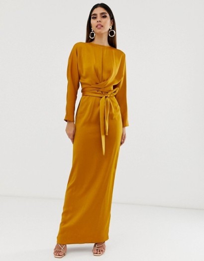 ASOS DESIGN maxi dress with batwing sleeve and wrap waist in satin in mustard – long glamorous evening dresses