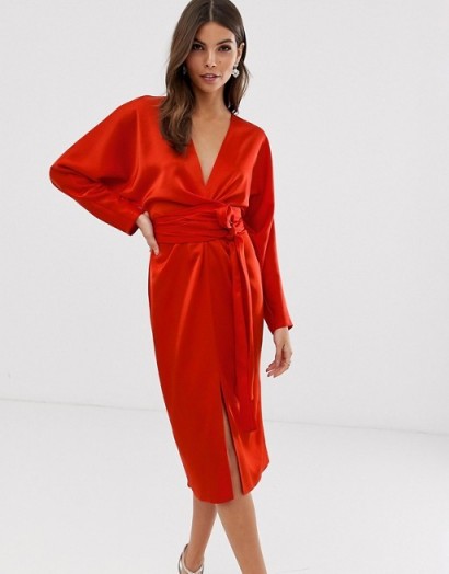 ASOS DESIGN midi dress with batwing sleeve and wrap waist in satin in red | deep V-front party dresses