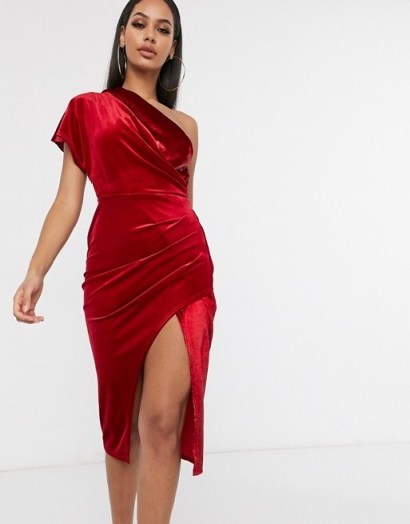 ASOS DESIGN tinsel velvet wrap midi dress in red – glamorous party dresses - flipped