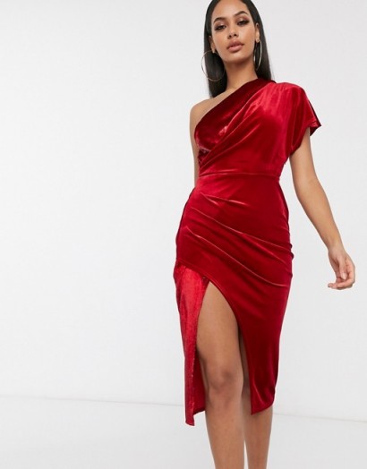 ASOS DESIGN tinsel velvet wrap midi dress in red – glamorous party dresses