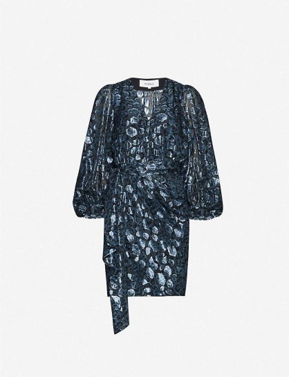 BA&SH Ginger metallic leopard-print silk-blend dress in dark blue ~ evening glamour - flipped