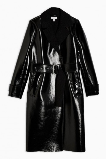 TOPSHOP Black Bonded Borg PU Coat / high shine belted coats