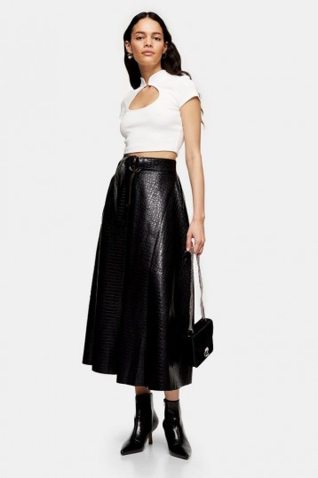 Topshop Black Crocodile PU Full Circle Midi Skirt