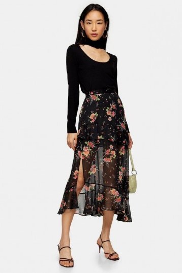 Topshop Black Floral Metallic Thread Ruffle Maxi Skirt | semi sheer ruffled skirts - flipped