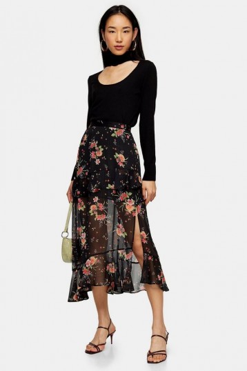 Topshop Black Floral Metallic Thread Ruffle Maxi Skirt | semi sheer ruffled skirts