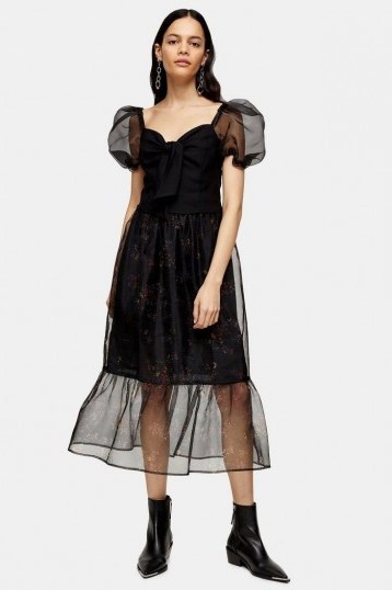 Topshop Black Floral Print Organza Midi Skirt – frill hem skirts - flipped