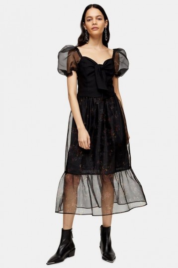 Topshop Black Floral Print Organza Midi Skirt – frill hem skirts