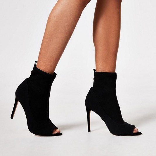 RIVER ISLAND Black open toe heeled sock boots – peep toe booties - flipped