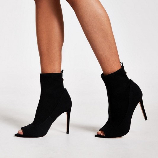 RIVER ISLAND Black open toe heeled sock boots – peep toe booties