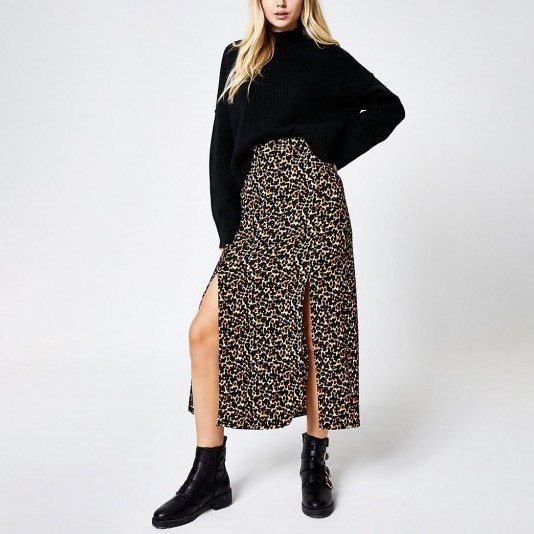 RIVER ISLAND Brown animal print split leg midi skirt – front double slit skirts - flipped