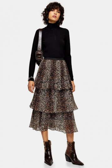 Topshop Brown Leopard Print Tiered Pleated Skirt