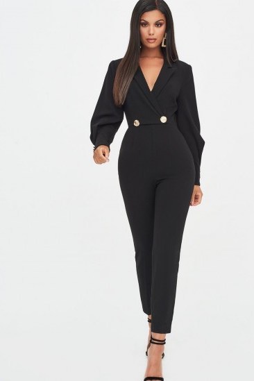 LAVISH ALICE button detail tux jumpsuit in black – glamorous going out jumpsuits - flipped