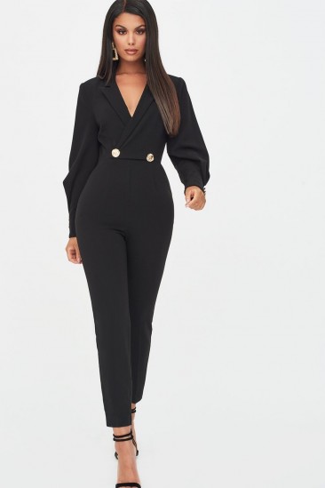 LAVISH ALICE button detail tux jumpsuit in black – glamorous going out jumpsuits