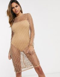 Club L London pearl mesh midi dress in tan – embellished going out fashion