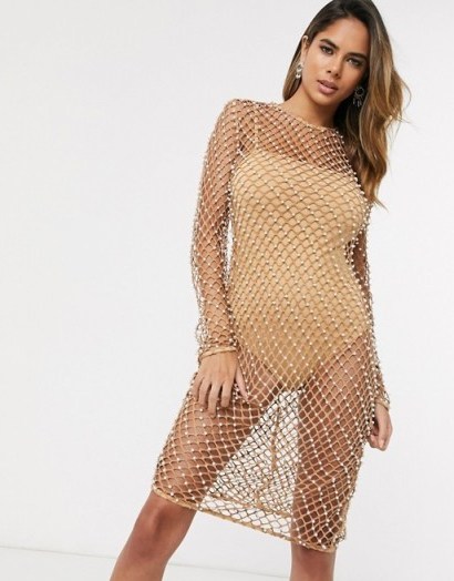 Club L London pearl mesh midi dress in tan – embellished going out fashion - flipped