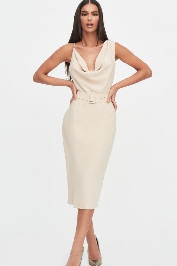LAVISH ALICE cowl neck belted midi dress in clay – luxe style eveningwear – glamorous evening look - flipped
