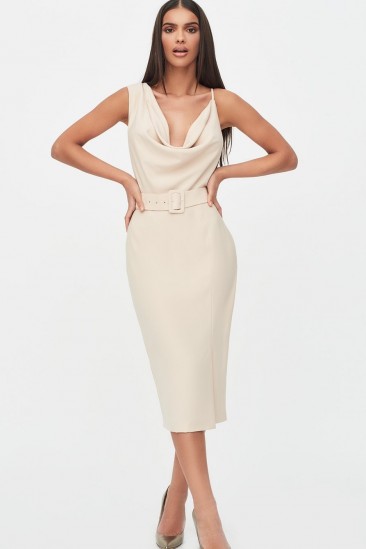 LAVISH ALICE cowl neck belted midi dress in clay – luxe style eveningwear – glamorous evening look
