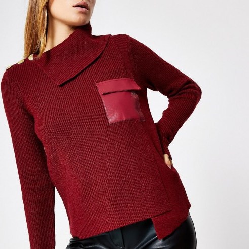 River Island Dark red faux leather pocket knit jumper | asymmetric sweater - flipped