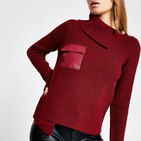 River Island Dark red faux leather pocket knit jumper | asymmetric sweater