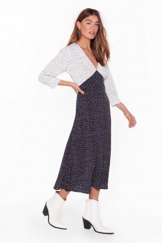 NASTY GAL Dot Your Average Gal Relaxed Midi Dress in black / monochrome dresses - flipped