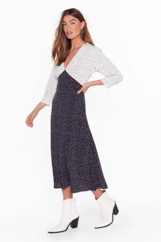 NASTY GAL Dot Your Average Gal Relaxed Midi Dress in black / monochrome dresses