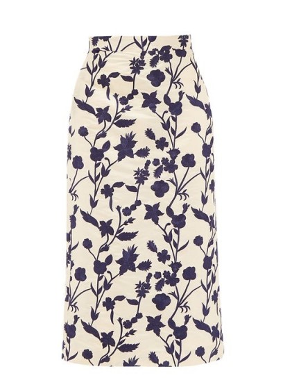 BROCK COLLECTION Floral-embroidered shantung pencil skirt in ivory white