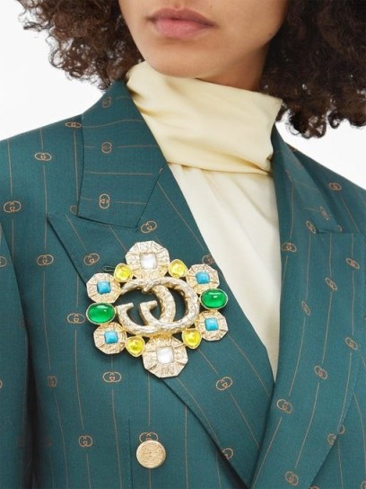 GUCCI GG Marmont embellished brooch ~ hammered gold-tone resin stone brooches - flipped